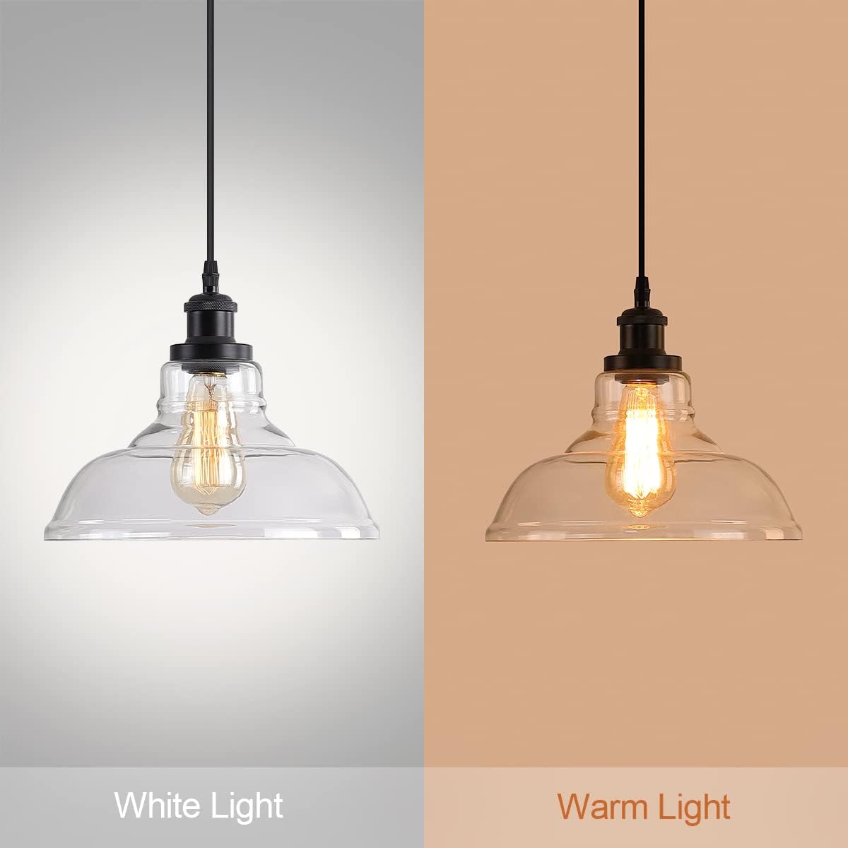 GLADFRESIT Industrial Pendant Lights, Vintage Hanging Light Over Table, Clear Dome Glass Lampshade, Black Lamp Head and Base, Adjustable Hanging Height Lighting Fixtures