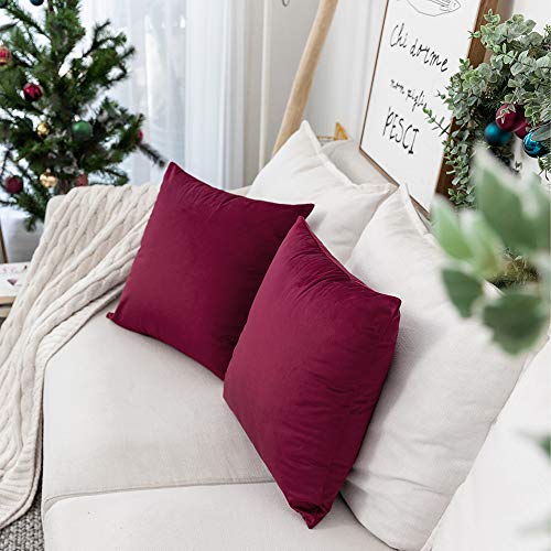 Image of Set of 2 Comfortable Velvet Throw Pillow Cases, Decorative Solid Cushion Covers for Sofa Couch and Bed - 20 inchx20 inch, Burgundy