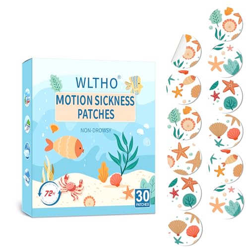 WLTHO 30ct Motion Sickness Patches Non Drowsy, Sea Sickness Patch for Cruise Travel Essentials, Waterproof Patches Behind Ear, Custom Seashell Pattern, Long Last 72H