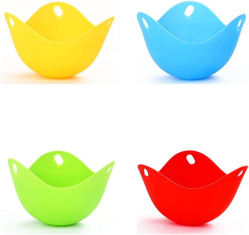 Silicone Poaching Pods, Round Egg Poacher Cups - Blue, Yellow, Red, Green, Microwave & Stovetop, BPA Free, Pack of 4