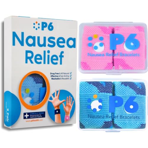 Image of P6 Motion Sickness Bands for Adults Wristbands for Anti Nausea Sea Cruise Travel Car Pregnancy Morning Sickness All-Natural Non Drowsy Relief Acupressure Treatment (2 Pack, Pink - Blue)