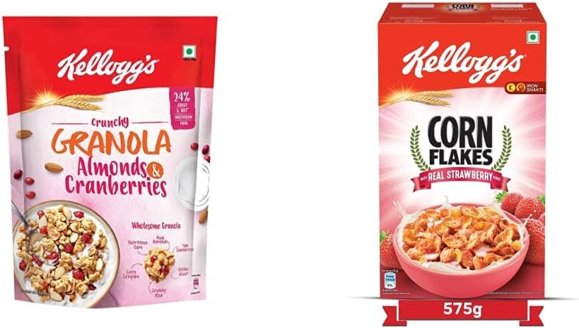 Kellogg's Combo, Kellogg's Crunchy Granola Almonds and Cranberries 460g and Kellogg's Corn Flakes Real Strawberry Puree, 575g