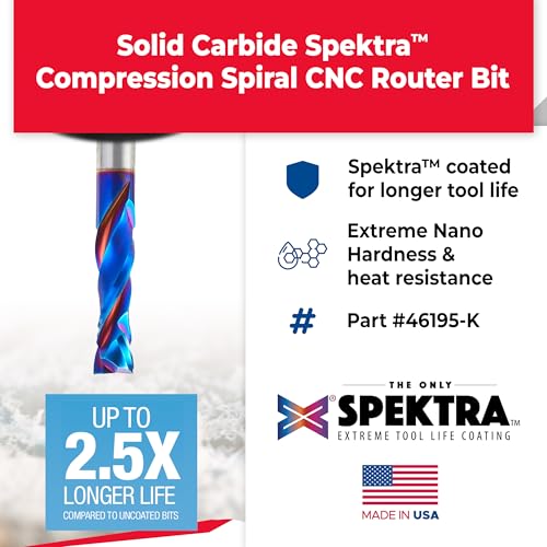 Image of Amana Tool Spektra Extreme Tool Life Solid Carbide CNC Compression Spiral Router Bit, 46195-K, 1 /2 D x 1-3 /4 CH x 1 /2mm Shank x 3-1 /2 Inch L 2 Flute