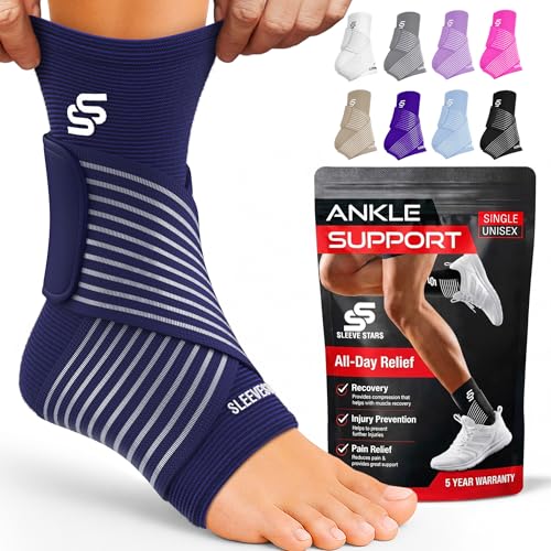 Image of Sleeve Stars Ankle Brace for Women & Men, Ankle Wrap for Sprained Ankle, Compression Sleeve for Plantar Fasciitis Relief, Easy Customizable Support: w /Removable Strap (Pair /M:10 inch-12 inch /Navy Blue)