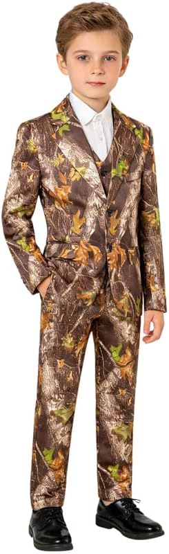 Boys'Brown Camouflage Suit 3 Piece Set with 2 Button Design Flap Pockets Camo Print for Outdoor