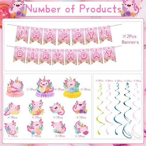 Image of Axolotl Birthday Party Decorations, 15PCS Axolotl Theme Birthday Banners Hanging Swirl Honeycomb Centerpieces, Cute Salamander Party Decor Kids Girls