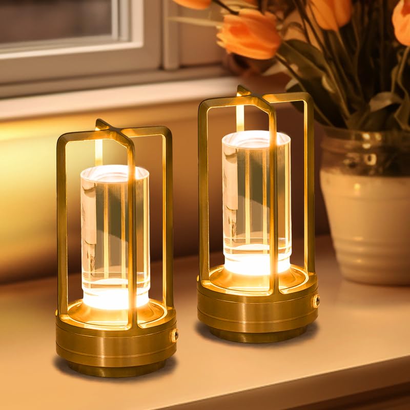 Lámpara de mesa recargable inalámbrica, 3 colores, cristal, atenuación continua, para dormitorio, cafetería, campamento, bar, mesa de comedor, restaurante, dorado (paquete de 2)