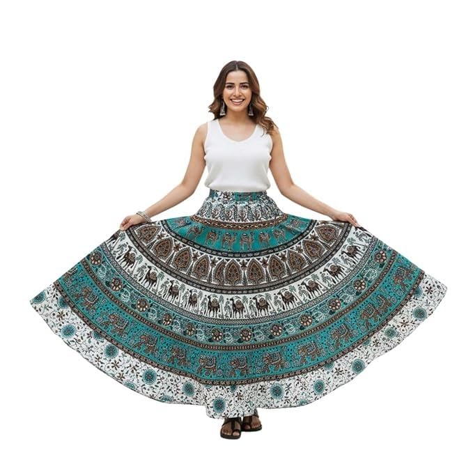 Image of HARSHITA-Enterprises Jaipuri Women's Cotton Printed Elastic Long Skirts