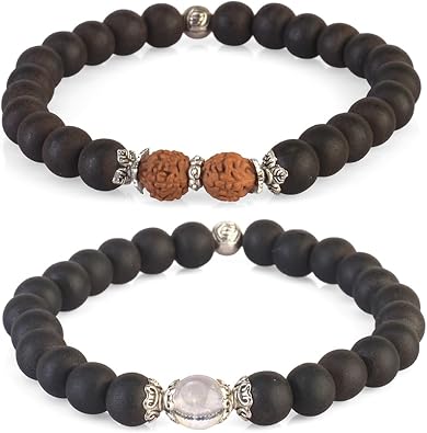 Avoirr 2 Bracelet Set 8mm Karungali/Ebonywood with Clear Quartz Beads-Rudraksha & Karungali Bracelet | Handcrafted Spiritual Meditation Bracelet | Traditional Energy Balance & Protection Beads | Unisex Handmade Natural Wooden & Crystal Bracelets for Men & Women, Stretch Fit 6.757 Inches