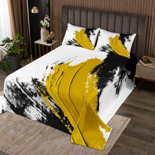 jejeloiu Yellow and Black Bedspread Abstract Coverlet Set for Kids Boys Girls Teens Room Decor Modern Quilted Coverlet King Size Art Design Soft