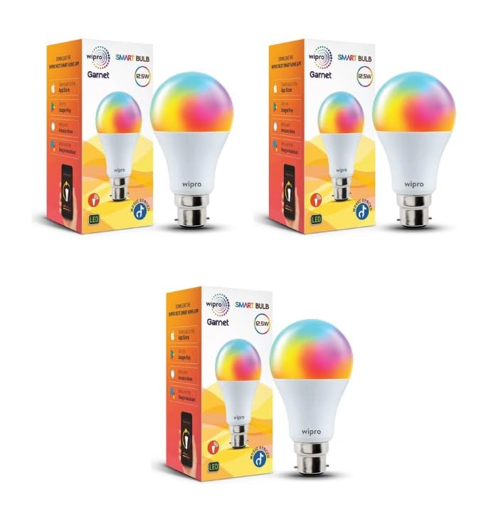 wipro 12.5W B22D Wi-Fi Smart LED Bulb with Music Sync | Voice Control with Alexa, Google Asst | App Control |16 M Colours, White Tunable - Warm, Neutral & Cool White +Dimmable | Scenes | Pack of 3