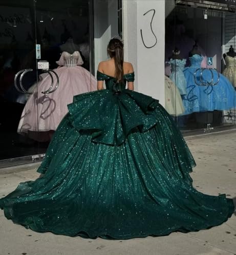 Puffy Tulle Long Quinceanera Dresses Ball Gown Off Shoulder Sweet 16 Dresses with Train Sweetheart Evening Gown3