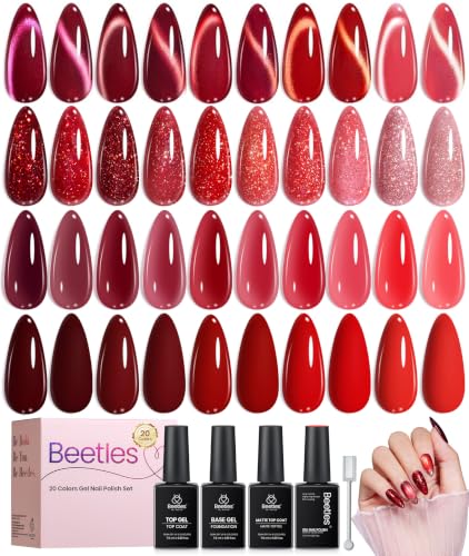 Beetles Red Gel Nail Polish Set, Jelly Glitter Cat Eye Solid Color