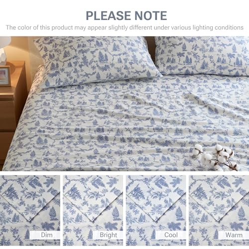 Sleep Philosophy True North Cotton Sheet Set Cozy Print 100% Cotton Flannel Sheets Bedding Set, Oversized Sheets, Deep Pocket Fits Up to 14" Mattress King Bed Sheets King Toile Pine Trees 4 Piece