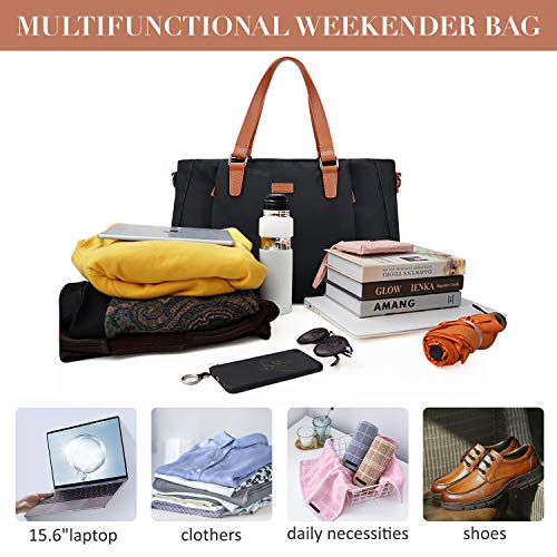 ECOSUSI Weekender Bag Travel Bag 25L Nylon Overnight Duffle Bag Carry On Bags for Airplanes with Trolley Sleeve, Shoe Bag, Wet Pocket Fits for 15.6 inch Laptop, Black