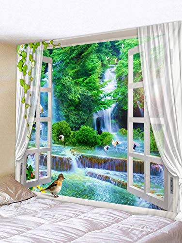 Broshan Window Wall Tapestry Large, Green Tropical Forest Jungle Waterfall Lake Birds Nature Landscape Tapestry Fabric Wall Hanging For Living Room Cloth Wall Mural Covering Blanket #TOP2