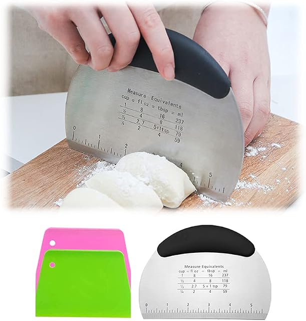 Snowyee Bench Scraper, for Dough Pastry Cake Food Mover Stainless Steel and Rubber Handle with 2 Piece Plastic Cutter (3 in 1 Set)