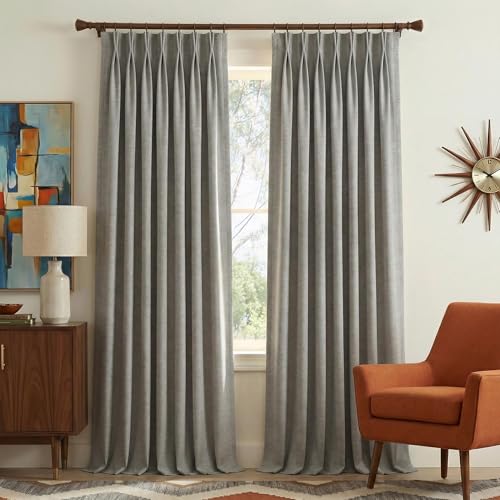 NICETOWN Stone Grey Pinch Pleated Linen Curtains 90" Long -