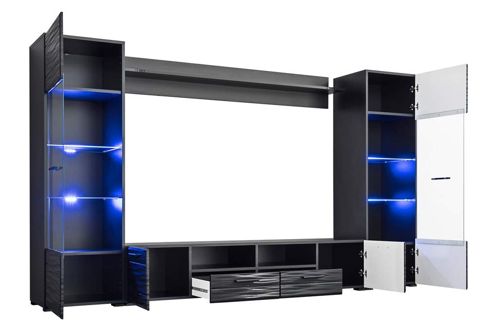 BIM Furniture Parete attrezzata MODIC 260 cm per soggiorno - Set con vetrina e piano basso - Colore: nero lucido - LED