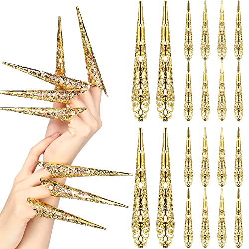 20 Pcs Halloween Finger Nail Claw Ring Ancient Queen Costume, Gold