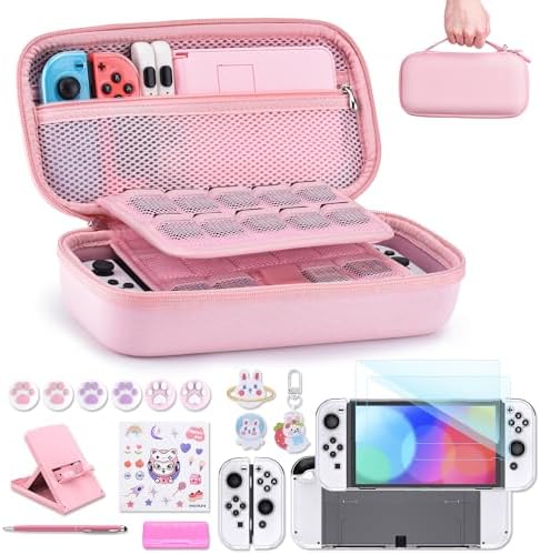 innoAura Switch OLED Case 19-in-1 Bundle for NS Switch OLED (2021), with Carrying Case, Screen Protector, Stand and Thumb Grips, Pink : Video Games