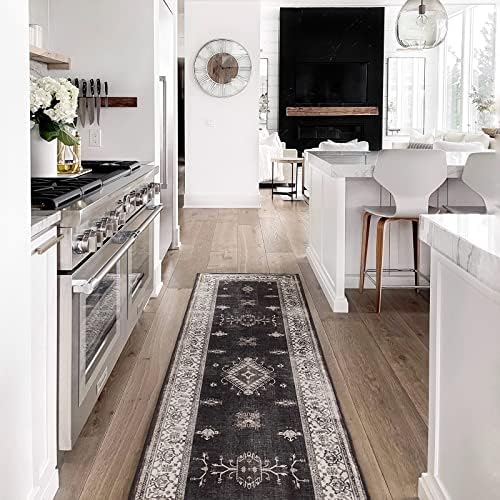 RUGGABLE Verena Runner Rug - Perfect Vintage Washable Rug for Entryway Hallway Kitchen - Pet & Child Friendly - Stain & Water Resistant - Dark Wood 2.5'x10' (Standard Pad)