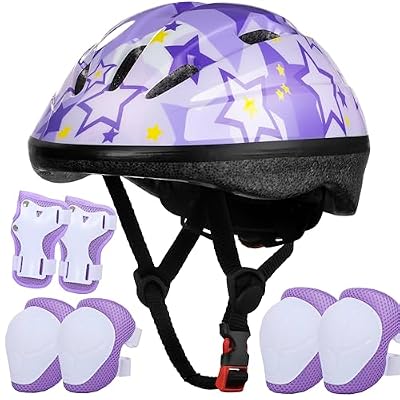 Kids Helmet Adjustable for Kids Ages 3-8 Years Old Boys Girls, Toddler Bike Helmet with Protective Sports Gear Set Knee Elbow Pads Wrist Guards for Cycling Roller Skating Skateboard-(Purple Star)