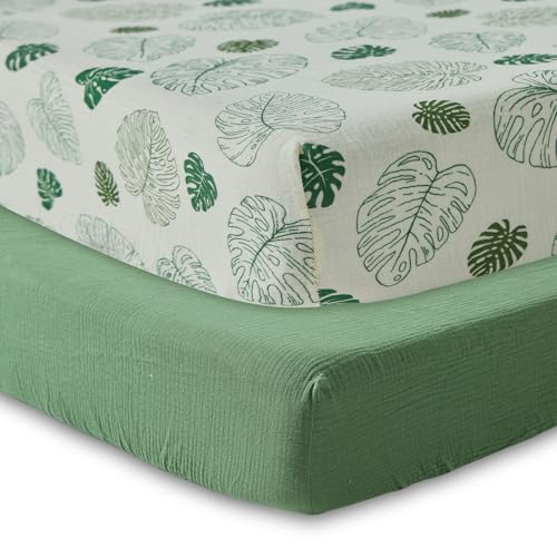 Image of Muslin Crib Sheets for Girl Boy, 2 Pack 100% Cotton Crib Sheet for Standard Crib Mattress(28 inchx 52 inch), Fitted and Soft Breathable Crib Mattress Sheet, 360 Wrapping (Monstera & Dark Green)