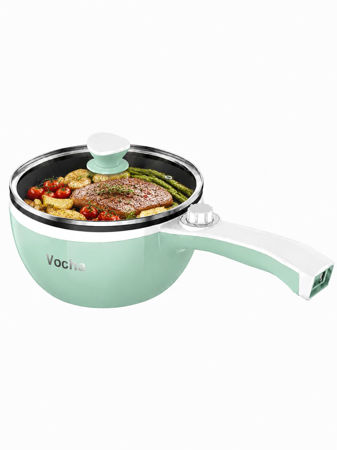 Vocha Mini Olla Eléctrica, Sarten Antiadherente Electrica Multifunción Con Tapa, Calefacción rápida, 20cm Diámetro, 1.5 L, Hot Pot Fondue Eléctrica Portátil para Hogar/Estudio/Viajes (Verde)