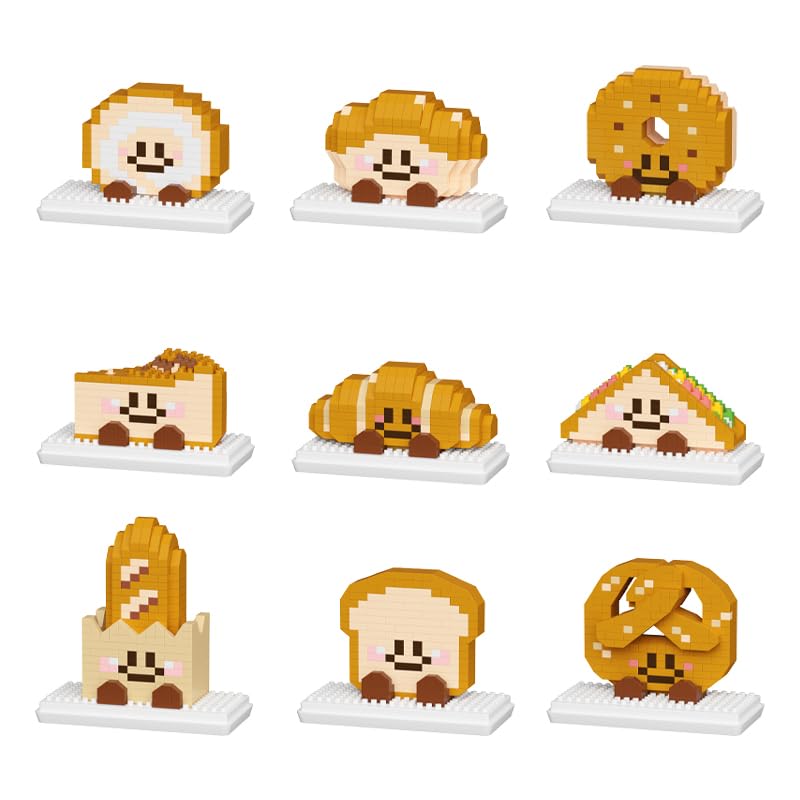 Jollcnoia 9 Set Happy Bread Series Food Cute Series Set Toy Mini Bricks Micro Building Kit Toys Desktop Ornaments Gift for Adults Kids