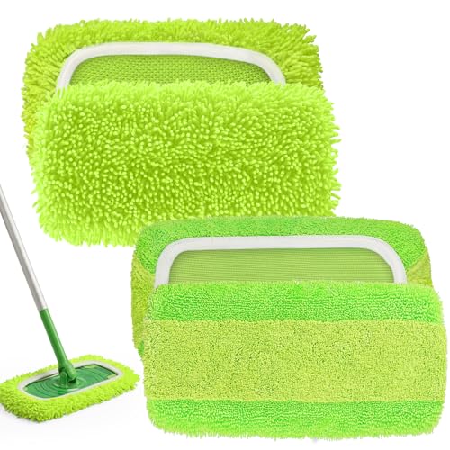 2-in-1 Reusable Microfiber Mop Pads Compatible with Swiffer Sweeper for Wet Mopping & Dry Sweeping Two Types of Washable Heavy-Duty Mop Pad Refills for Multiple Floor Types Cleaning - 4Pcs Green