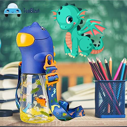 Image of FunBlast Dinosaur Water Bottle for Kids - Cartoon Design Anti-Leak Tritan Sipper for School, 560 ML (Blue)
