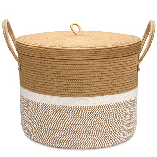 Image of LOVSTORAGE 20.5"x 15" Large Rope Blanket Basket with Lid, Woven Storage Basket Baby Laundry Basket Hamper Decorative Nursery Toy Basket Bin with Handles for Living Room Bedroom