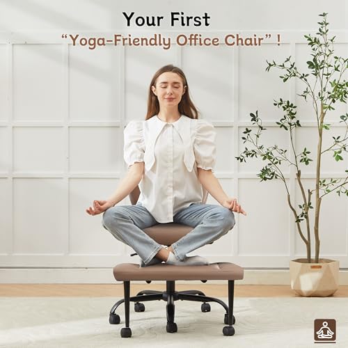 Image of Ergonomic Criss Cross Legged Office Chair, ADHD Chair, 360 Swivel Meditation Kneeling Chair with Wheels, Adjustable Footrest, Bigger & Wider Height Adjustable Seat, Strong Lumbar Support, Brown PU