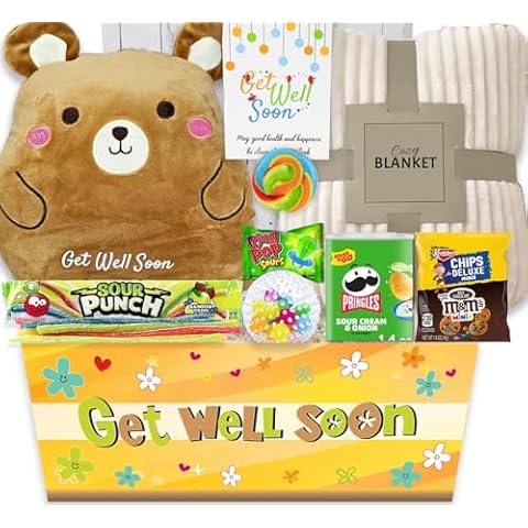 KIDS GET WELL SOON care package gift, Squooshy pillow, Cozy Blanket, Candy Snacks gift basket & Greeting card, gift for kids children boy/girl, Feel better soon, home or hospital recovery Cover