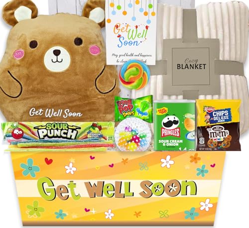 KIDS GET WELL SOON care package gift, Squooshy pillow, Cozy Blanket, Candy...