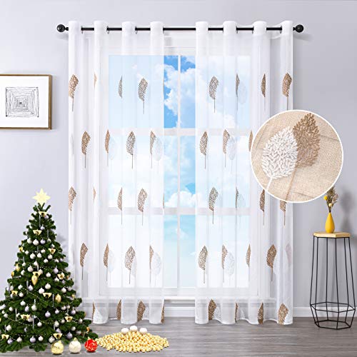 MRTREES Cortinas Translucida Bordado Hojas con Ojales de Dormitorio Moderno Ventana Visillos Salon Paneles para Ventanas Sala para Niños Sala Comedor Baño 2 Piezas 140×245cm(An×L) Marrón