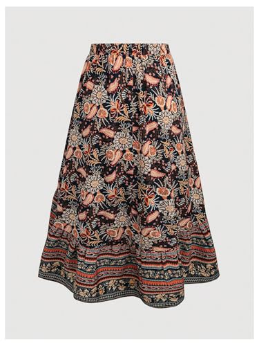 Women's Plus Size Vintage Floral Long Skirt Boho Elastic Waist Asymmetrical Flowy Vacation Skirts2