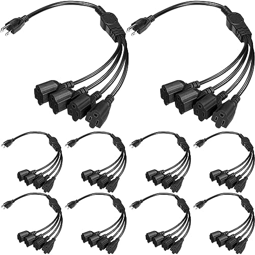 Kanayu 10 Pcs 3 Prong 1 to 4 Extension Cord Splitter, 4 Way Power Cord Splitter Cable Black Outlet Splitter 3 Prong Outdoor Splitter Plug Power Strip Outlet Plug for Home Office Computer, SJT 16 AWG