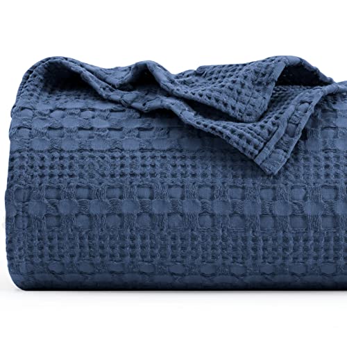 PHF 100% Cotton Waffle Weave Blanket King Size - Washed Soft Lightweight Blanket for All Season - Breathable and Skin-Friendly Blanket for Couch Bed Sofa 108"x90" - Navy Blue