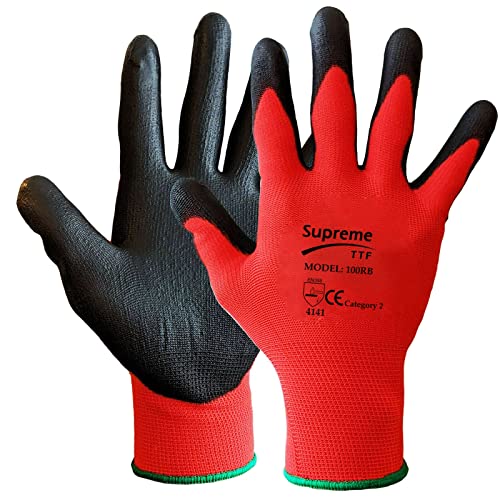 SupremeTTF Red PU Coated Nylon Work Gloves, Size M, Color Family Red, 24 Pairs, Gardening, Building, Mechanic, Strong Grip