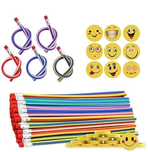 ECHG 80 Pcs Kids Party Bag Filler Set, Soft Flexible Bendy Pencils and Emoji Smile Erasers Magic Bend Toys School Fun Stationary Equipment Party Favor Supplies