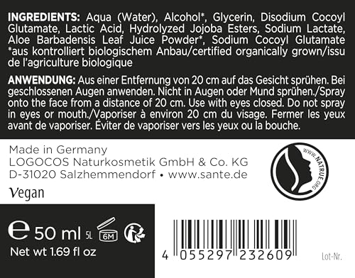SANTE Naturkosmetik Spray fijador de maquillaje vegano con aloe vera y fitoglicerina, hidrata para un aspecto duradero, fórmula nutritiva y duradera, 50 ml - imagen 2