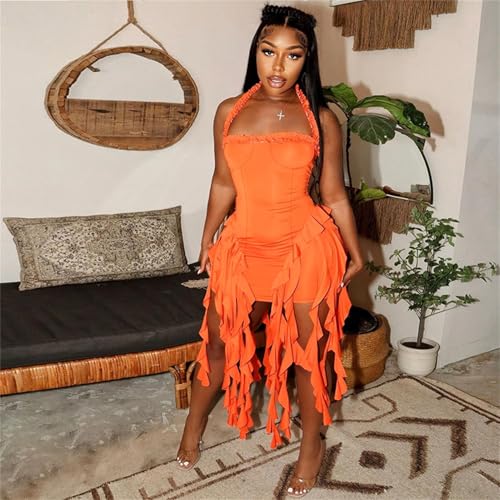 Image of Women's Summer Mini Dress Sexy Halter Backless Ruffle Fringe Bodycon Short Dress Cocktail Party Beach Vacation Sundress