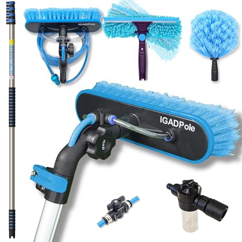 IGADPole 17 FT Water-Fed Washing Kit with Soap-Dispenser, Brush, 10″ Squeegee & Cobweb Duster for Windows, Gutters, Solar Panels & Exterior Walls