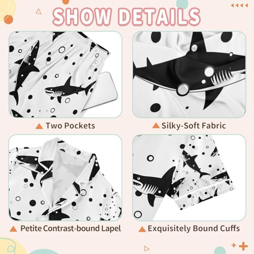 senya Shark on Black Satin Summer Pajama Sets Silk Short Sleeve Button Down Sleepwear3