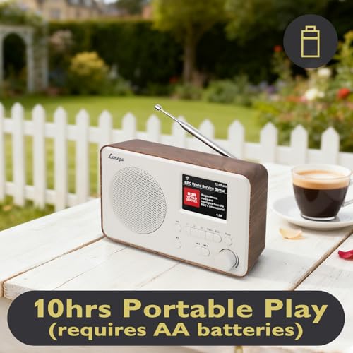 Image of LeMega IR1S Internet Radio, Podcasts, Bluetooth, FM, Walnut | Alarm clock, full colour display, mains or AA battery, compact kitchen radio, snooze, sleep timer, 150 unified presets