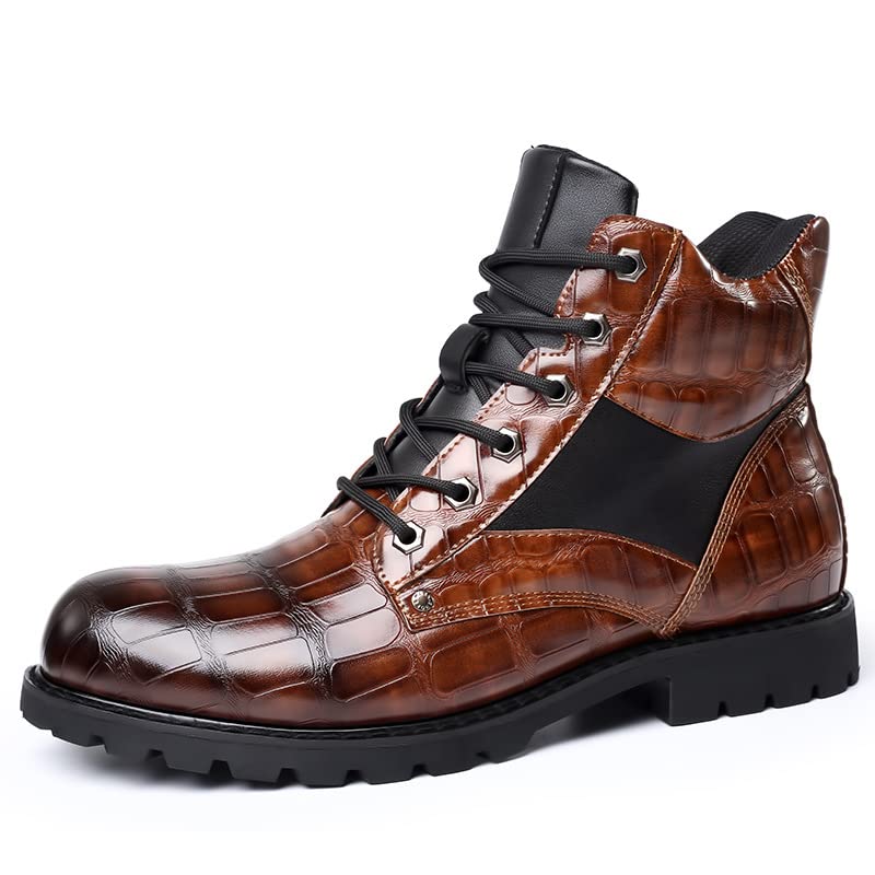 Mens Vintage Grid Pattern PU Leather Work Boots - Comfortable & Durable, Anti-Skid Lace-up Design, Breathable Ankle Boots for Outdoor Adventures - Perfect for Hiking, Work, or Casual Style