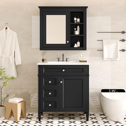 Image of Merax 30 Inch Bathroom Vanity with Sink Set, Modern Bathroom Vanity Storage Cabinet with Matching Mirror Medicine Cabinet, Solid Wood Frame,Painted Finish, 2 Drawers and 1 Tip-Out Drawer, Black
