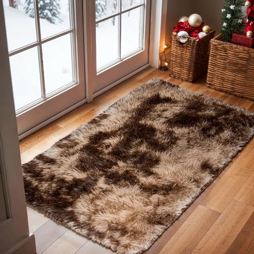 jianandi Alfombra de Salón, Alfombras Suaves y Mullidas para Dormitorio, Alfombra de Cabecera Lavable de Pelo Alto, Alfombra Relax para Salón y Dormitorio, Café Tie-Dye, 60cm×90cm